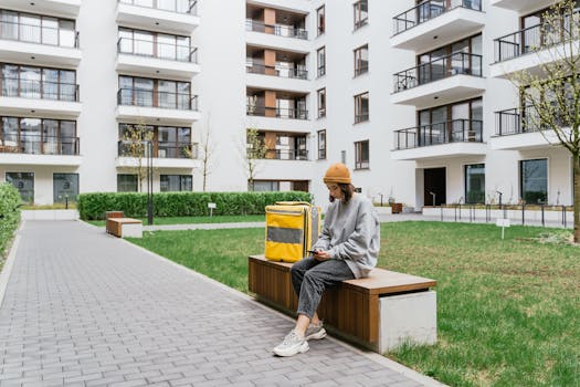 A female courier sits outdoors with a thermal delivery bag, checking her phone.