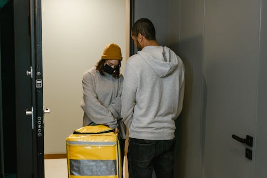 A delivery person hands over a package at an apartment door inside a building.