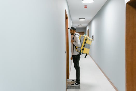 Courier standing in an apartment hallway preparing to deliver food with a yellow backpack.