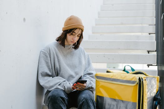 A female courier in casual wear uses a smartphone beside her delivery bag on urban stairs.