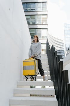 Young female courier with a yellow thermal bag, walking down outdoor stairs in an urban area.