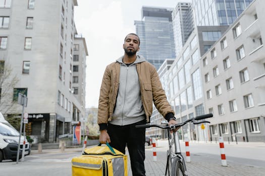 A food delivery cyclist standing with a bicycle and thermal bag in an urban setting.