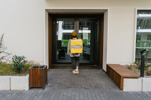 A delivery person with a yellow thermal bag approaches a customer's door in a city setting.