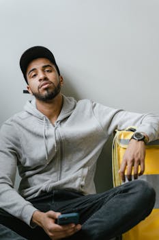 Casual portrait of a young courier resting against a wall with a delivery bag.