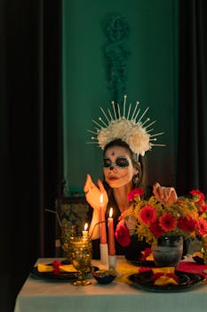 A woman with face paint and a headdress celebrates Dia de los Muertos indoors.