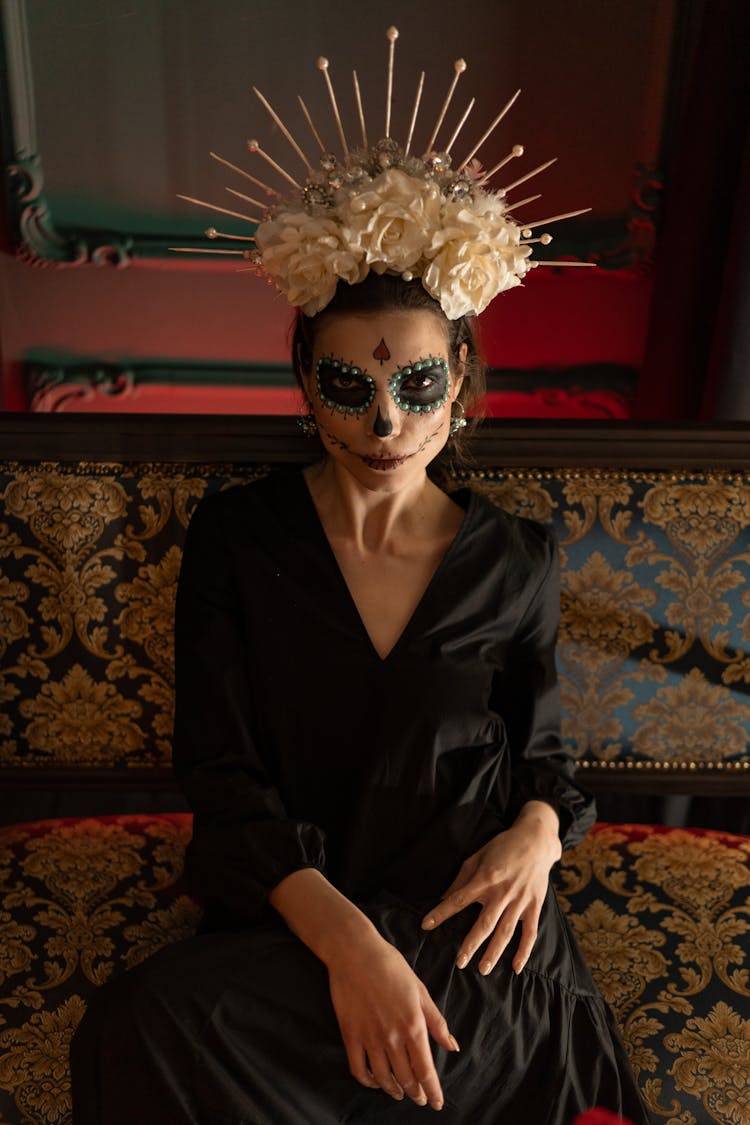 Woman In Halloween Costume With White Floral Headdress