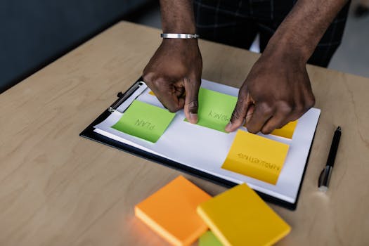 Hands sorting colorful sticky notes on a clipboard for business planning.