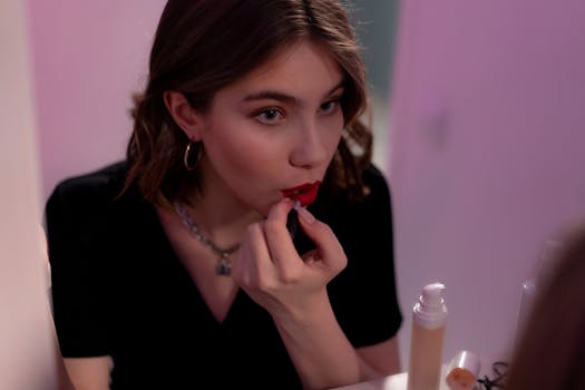 A young woman applies lipstick in front of a mirror, focusing on her makeup routine.