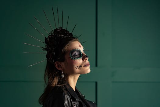 Artistic portrait of a woman with elaborate Day of the Dead face paint and headdress.