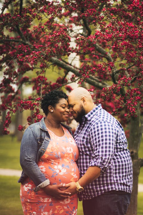 Pregnant black woman caressing husband near tree