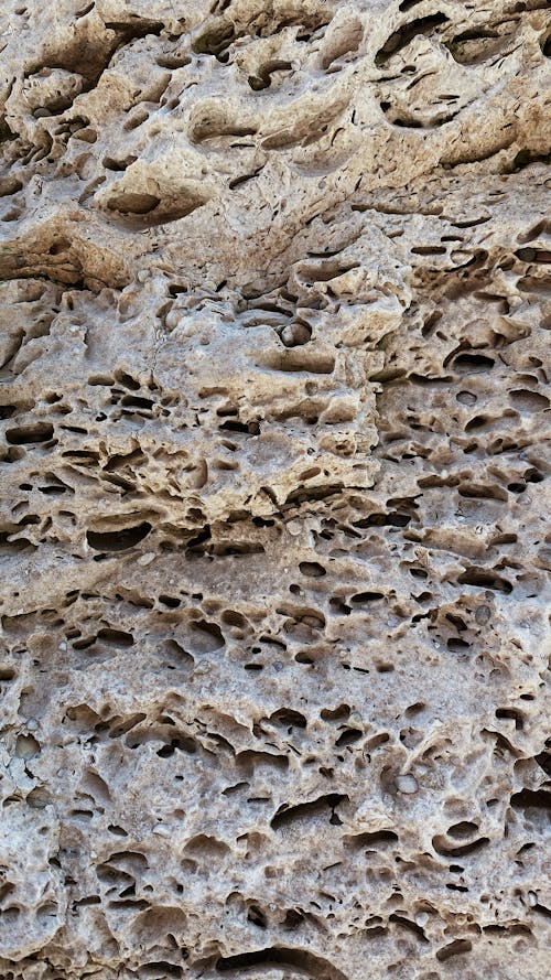 Closeup of textured surface or rough solid uneven limestone cliff as abstract background