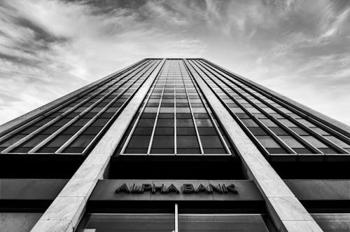 Monochrome Photograph of the Facade of a Bank 