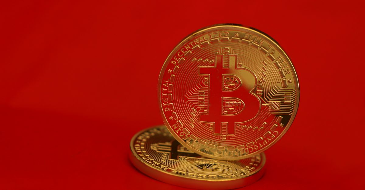 Abstract editorial data-visualization illustration in crimson, downward-flowing tones representing BTC and the broader cryptocurrency market — crypto scenario analysis.