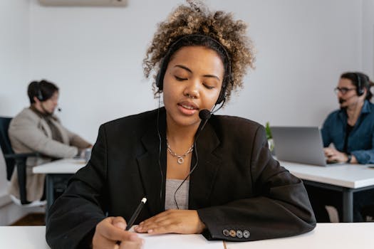 African American woman with headset working in an office with colleagues, using a pen for note-taking.
