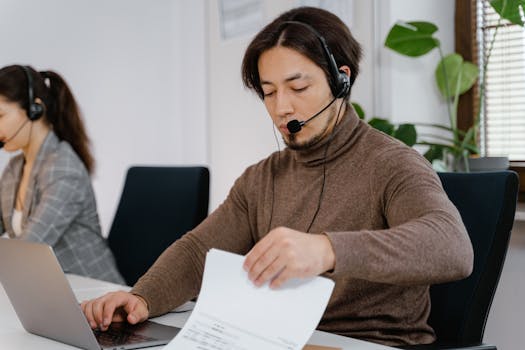 Man in headset working at a desk with laptop and papers in a modern office.