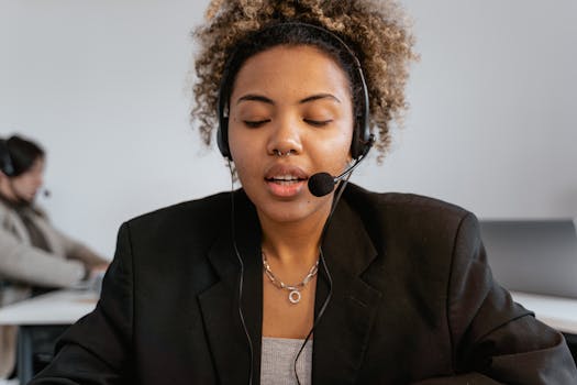 Close-up of a call center agent with curly hair and headphones in a professional office setting.