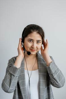 Confident woman in a checked blazer wearing a headset, working indoors.