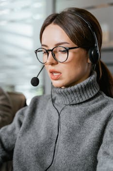 A female call center agent wearing a headset in an office setting, engaged in customer support tasks.