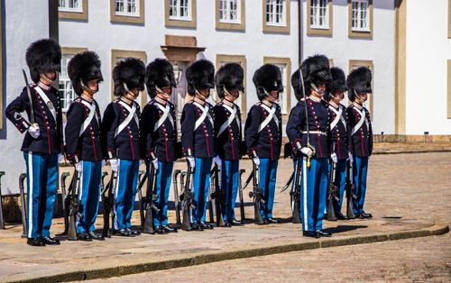 Free Royal Life Guards at Fredensborg Palace in ceremonial uniforms standing in formation. Stock Photo