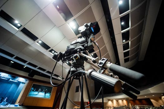 Professional video camera setup in a theater capturing a performance, showcasing modern filming technology.