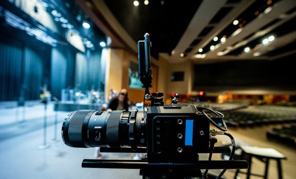 Close-up of a professional video camera in a modern auditorium setting.
