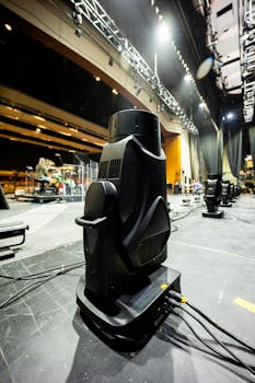 Professional stage lighting equipment setup in a theater for a live performance.