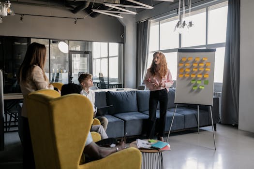 Team meeting in a modern office with four people collaborating using sticky notes on a whiteboard.