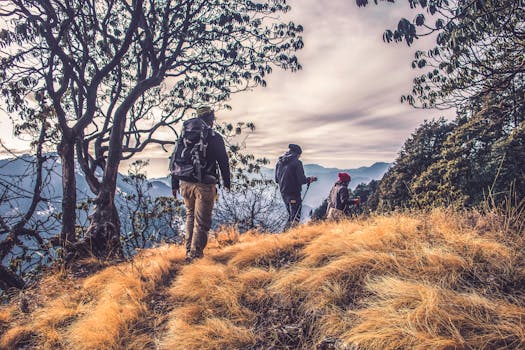 Three People Hiking on High Mountain