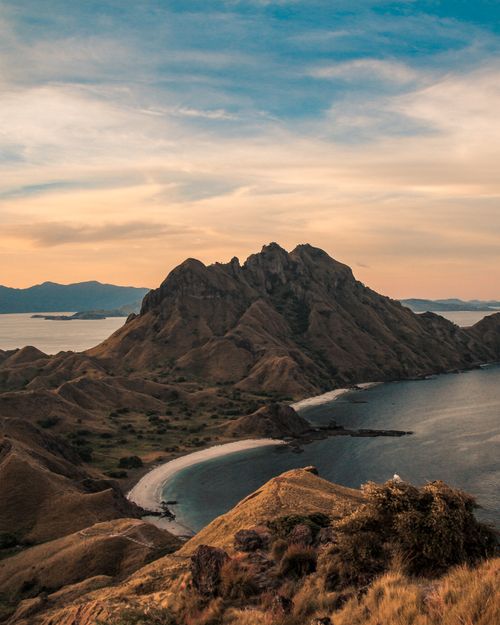 Free Breathtaking aerial view of Padar Island's unique landscape and ocean in Indonesia. Stock Photo