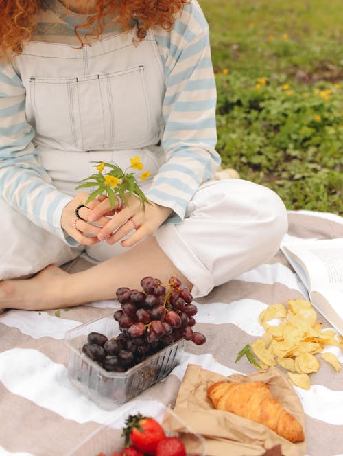 Free Person Sitting on a Picnic Blanket with Fruits and Snacks Stock Photo