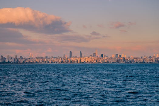 Stunning wide-angle shot of Istanbul's skyline at sunset with a view over the sea.