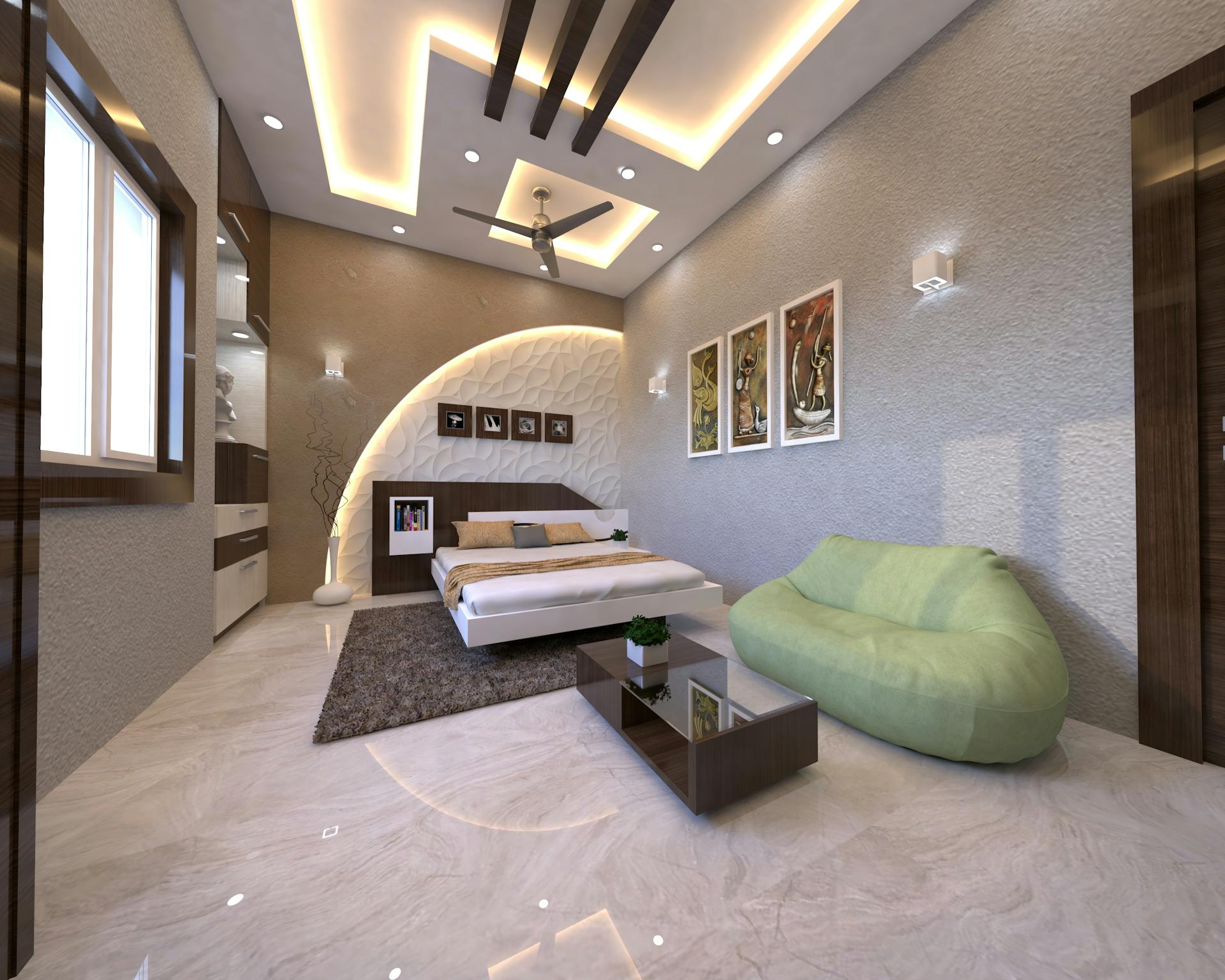 Contemporary luxury bedroom with elegant design in Haldia, India.