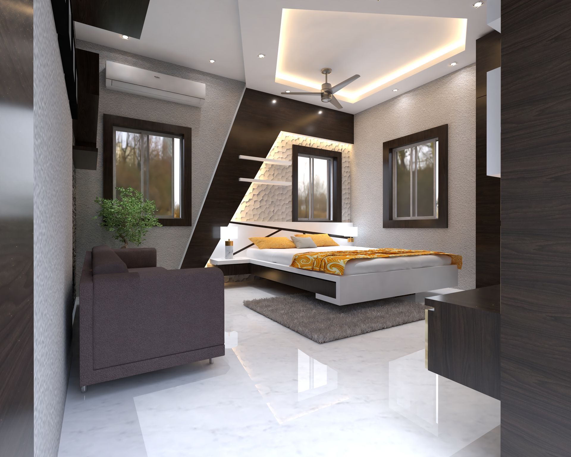 Stylish modern bedroom interior with sleek furniture and ambient lighting.