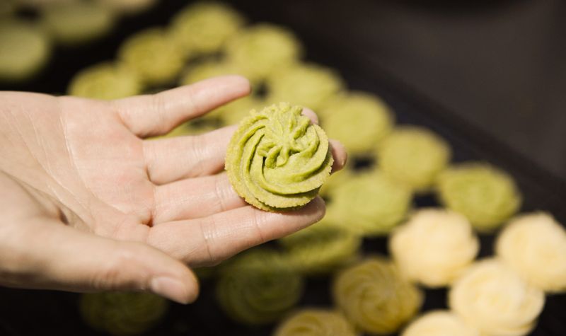A hand holding a green matcha cookie.