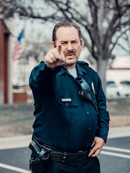 An angry police officer in uniform gestures outdoors, emphasizing law enforcement authority.