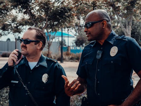 Two police officers conversing and coordinating in an outdoor setting, showcasing teamwork in law enforcement.