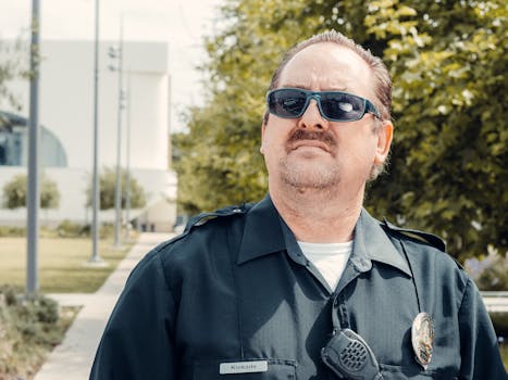 Close-up of a security officer wearing sunglasses outdoors with trees in the background.