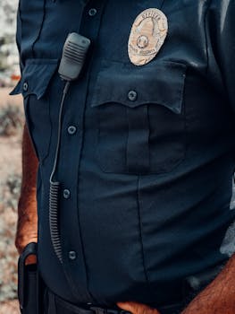 Detailed view of a police officer's uniform showcasing the badge and radio equipment.