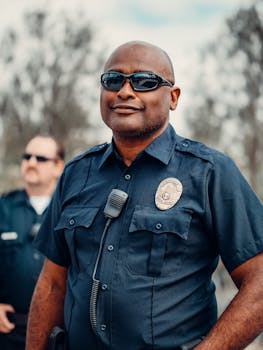 A smiling police officer in uniform with sunglasses outdoors on a sunny day.