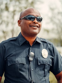Close-up of a smiling African American police officer in uniform with sunglasses outdoors.