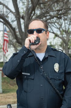 Portrait of a police officer using a walkie-talkie outdoors, wearing sunglasses and uniform.
