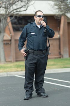 A police officer in uniform communicates via radio, exuding public safety authority.