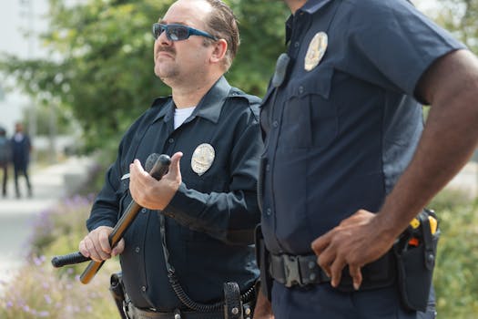 Two police officers in uniform outdoors, equipped with baton and radio, looking vigilant and ready to serve.