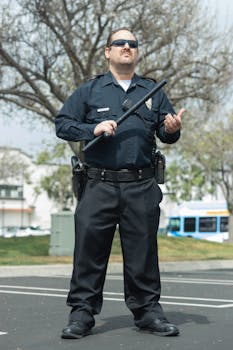 Police officer standing outdoors holding baton in uniform with sunglasses.