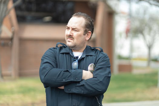 Law enforcement officer standing confidently with arms crossed outdoors in uniform.