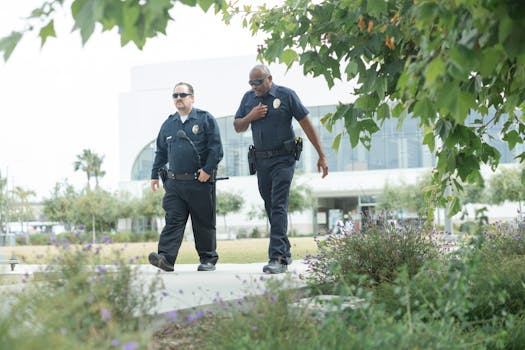 Two police officers in uniform patrol an outdoor urban park area, ensuring public safety and security.