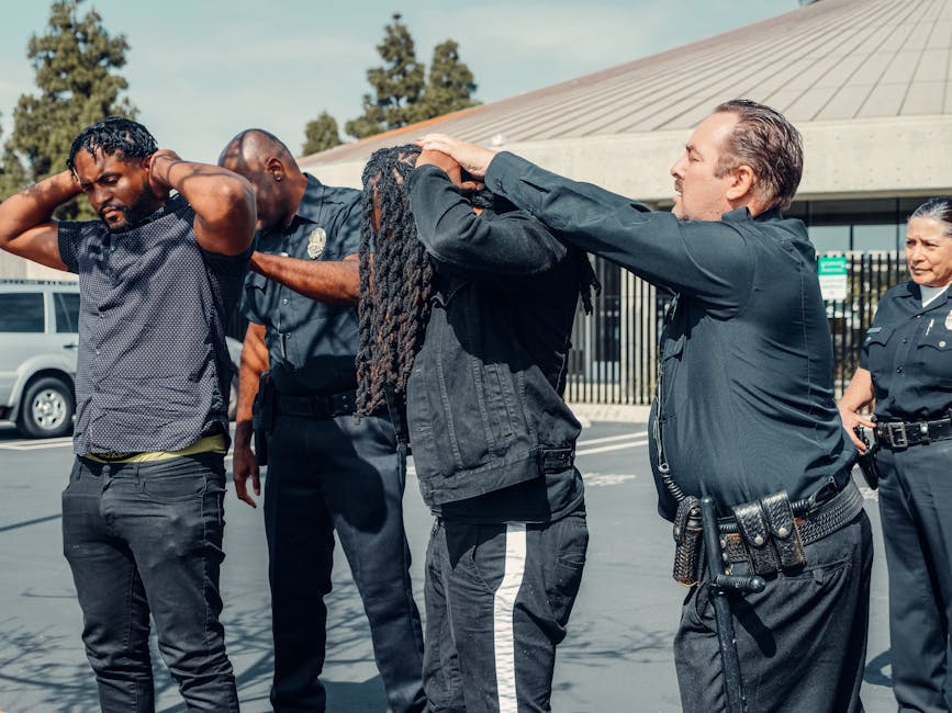 Law enforcement officers performing a pat-down on two individuals in an urban setting.