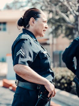 Profile of a female police officer in uniform, standing confidently outdoors during the day.
