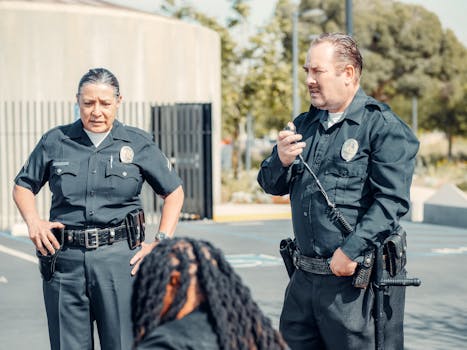 Two police officers interacting at a crime scene, focusing on communication and law enforcement duties.