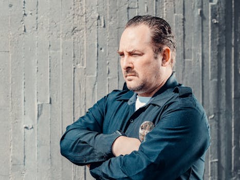 A police officer in uniform with arms crossed, expressing focus and determination.